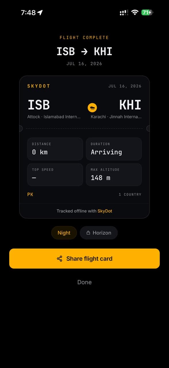 SkyDot share card for a completed Islamabad to Karachi flight: distance, duration, top speed and max altitude, watermarked Tracked offline with SkyDot.