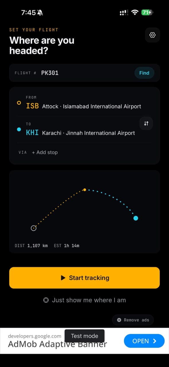SkyDot route setup: enter a flight number such as PK301, or pick departure and arrival airports, then start tracking.