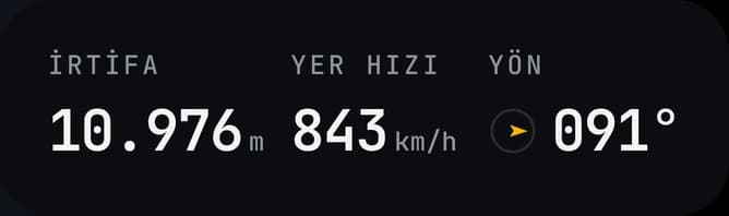 Uçuş göstergeleri kartı: irtifa, yer hızı ve yön.