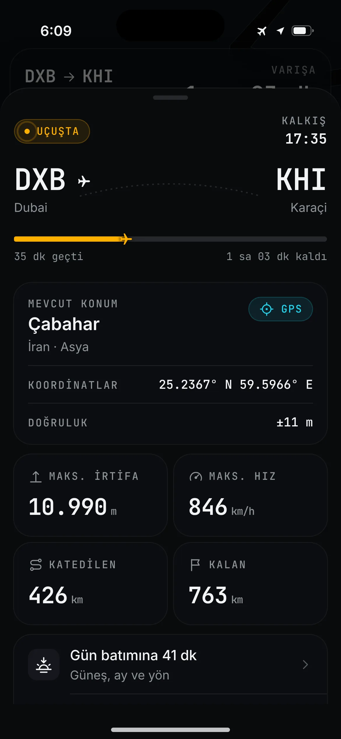 SkyDot uçuş ayrıntıları: DXB → KHI, Çabahar yakınında mevcut konum, koordinatlar ve doğruluk, irtifa, yer hızı ve yön.
