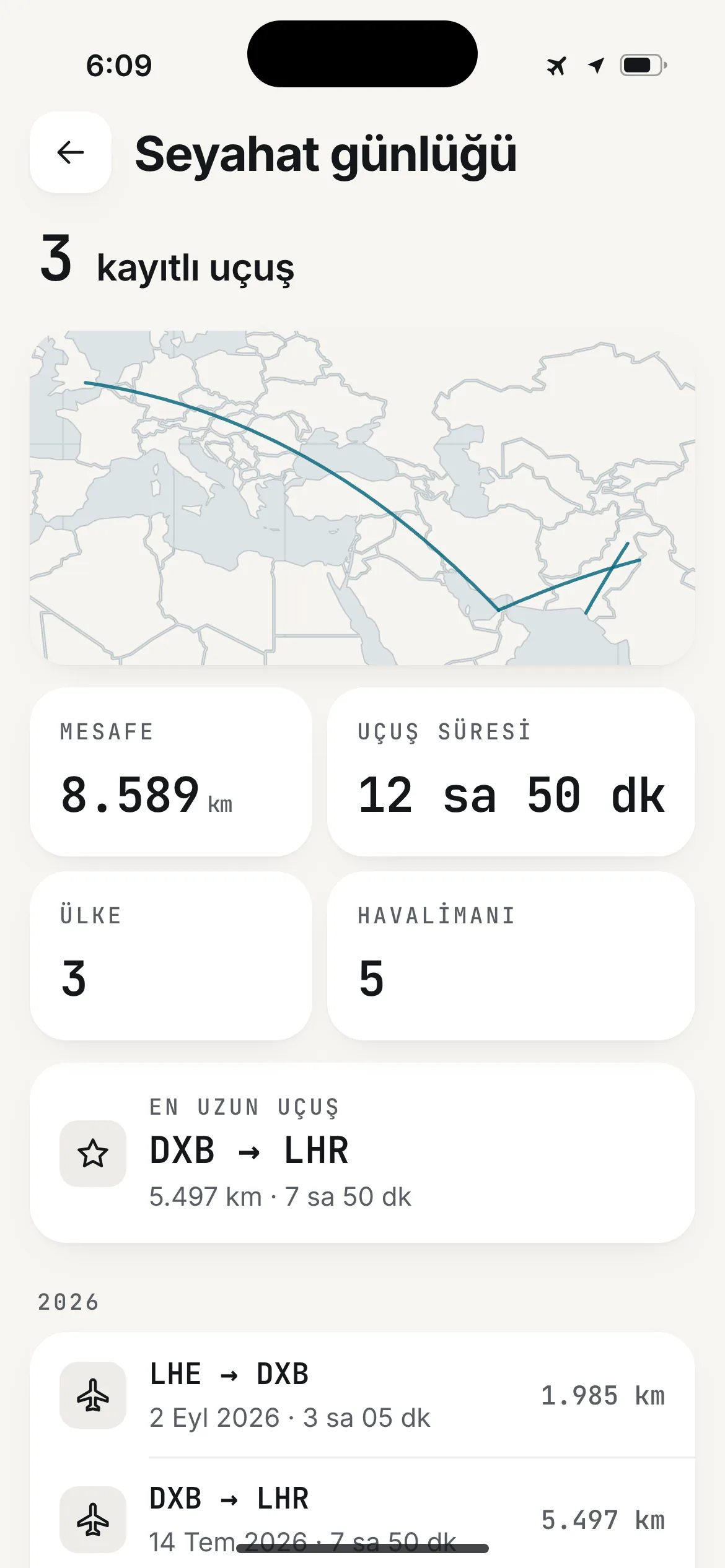 SkyDot seyahat günlüğü: üç kayıtlı uçuş, rota haritası, mesafe ve uçuş süresi, ülkeler ve havalimanları, en uzun uçuş.