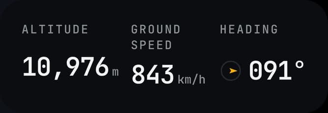Instruments card: altitude 10,976 m, ground speed 843 km/h, heading 091°.