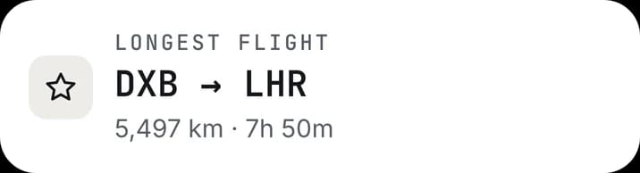 Longest flight card: DXB to LHR.