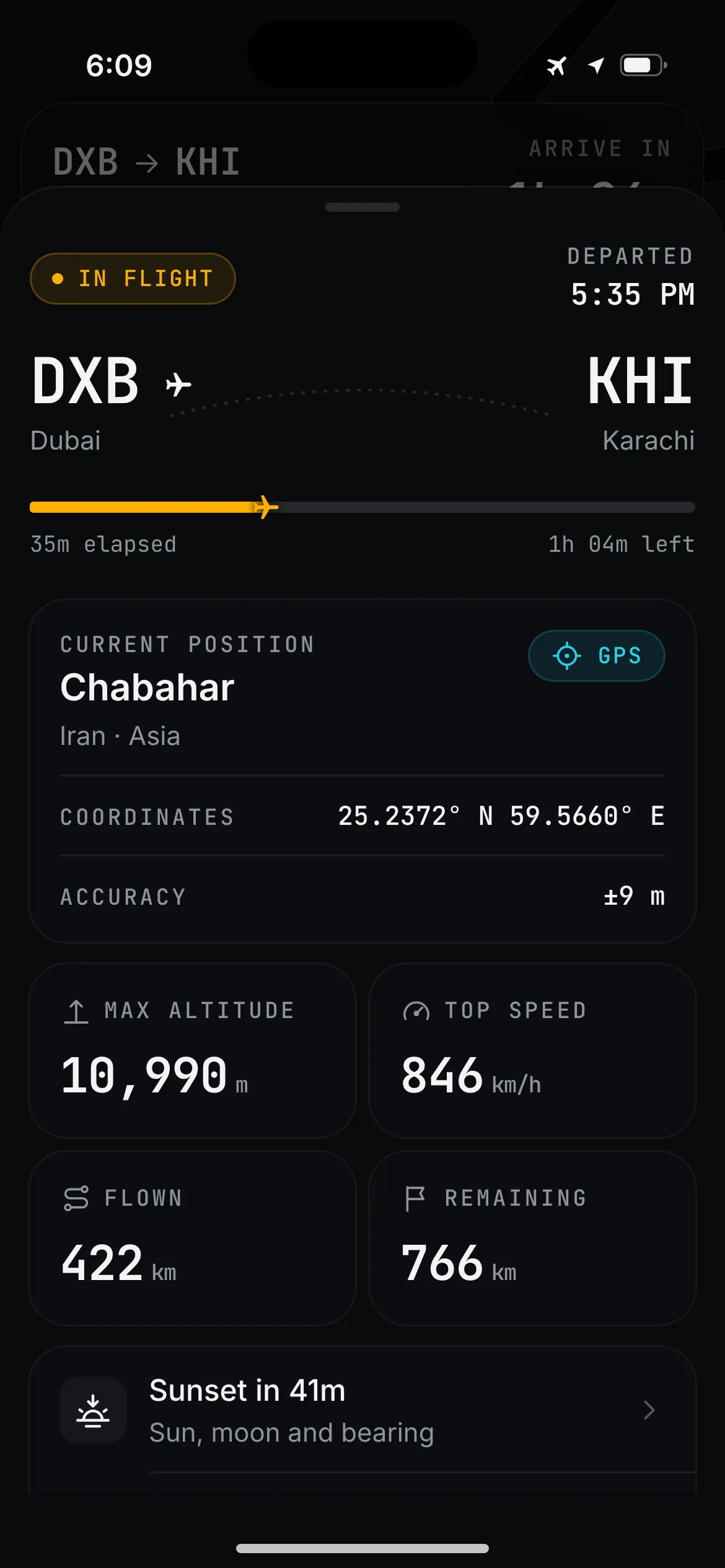 SkyDot flight details: DXB to KHI, current position near Chabahar, coordinates and accuracy, altitude, ground speed and heading.