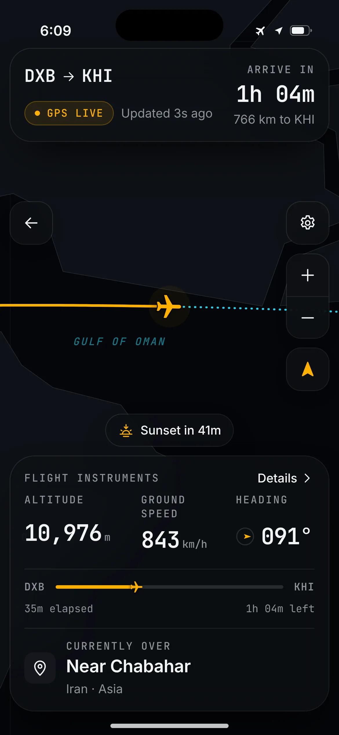 SkyDot in flight from Dubai to Karachi: live map over the Gulf of Oman, arrival countdown, altitude, ground speed and heading.