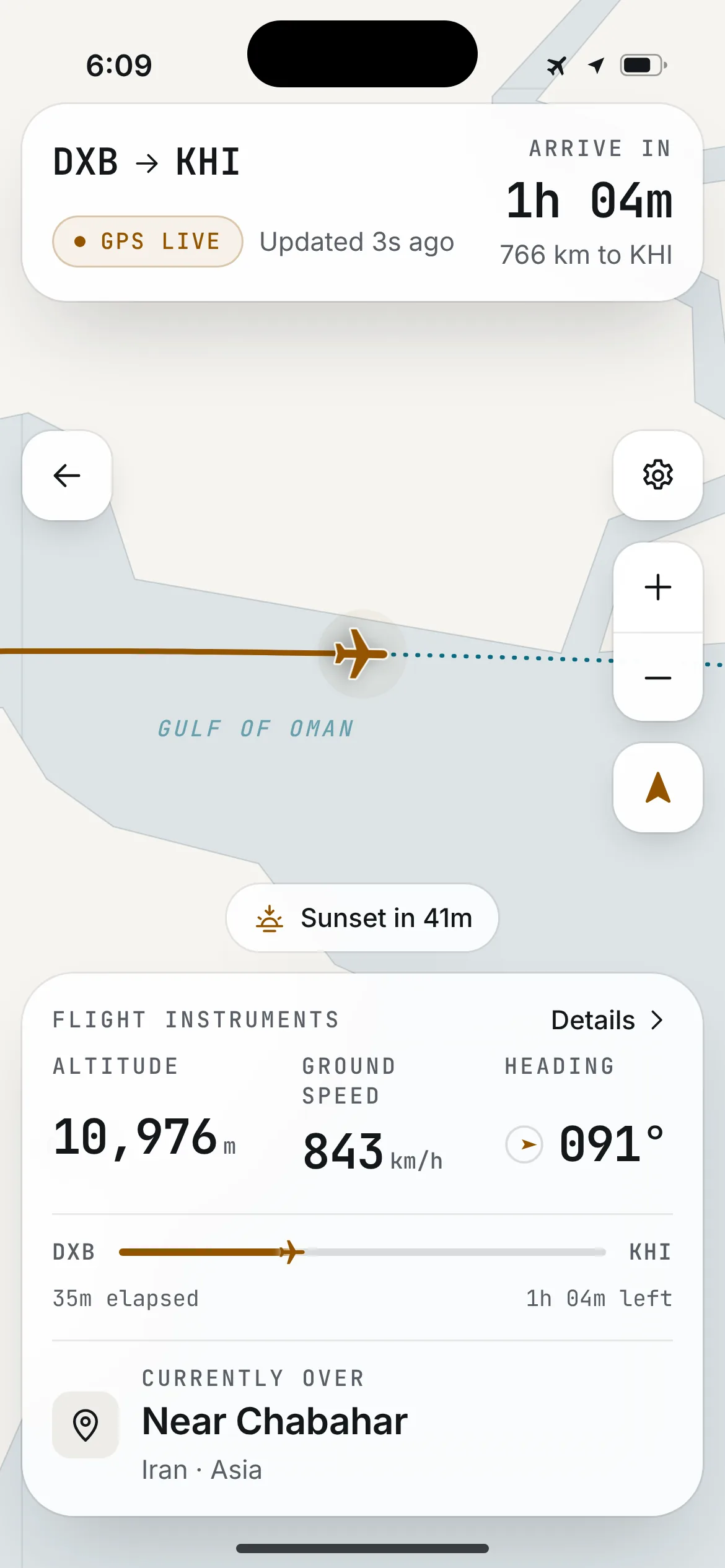 SkyDot live map in daylight mode: route over the Gulf of Oman with the currently-over card.