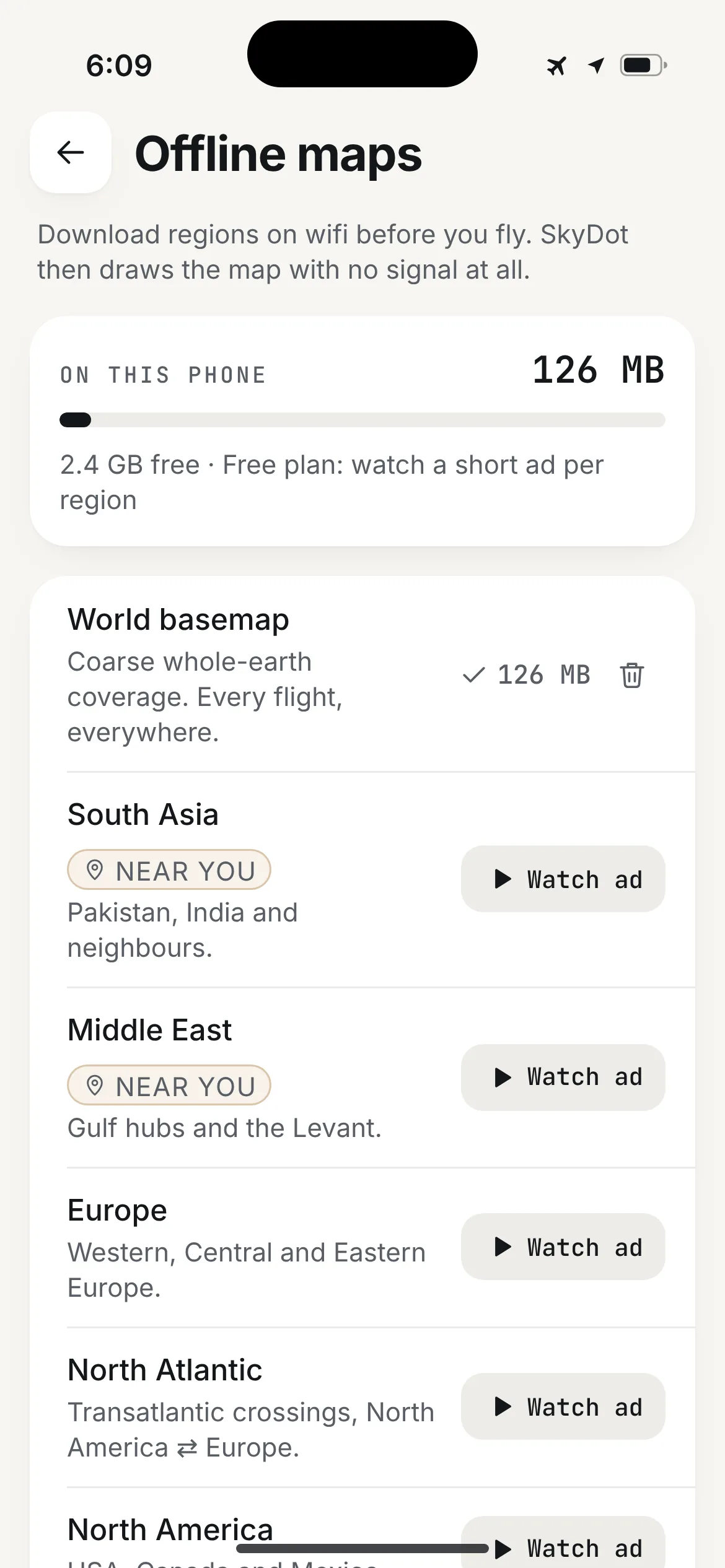 SkyDot offline maps: world basemap on the phone, then regional packs for South Asia, the Middle East, Europe and the North Atlantic.