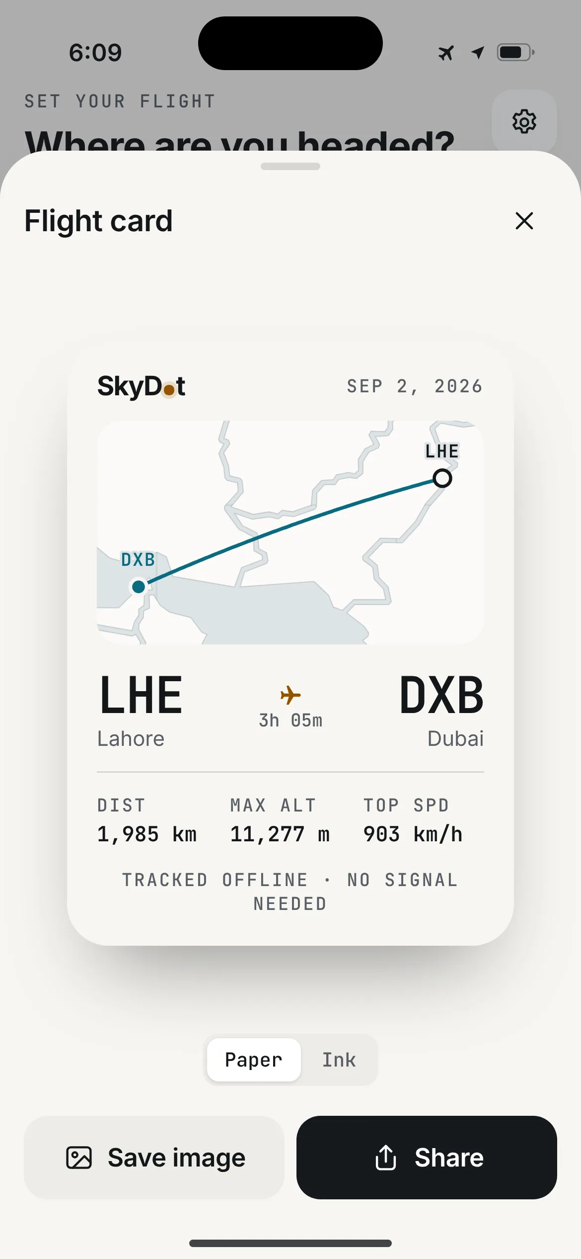 SkyDot flight card for Lahore to Dubai: route map, distance, max altitude and top speed, with Save image and Share buttons.