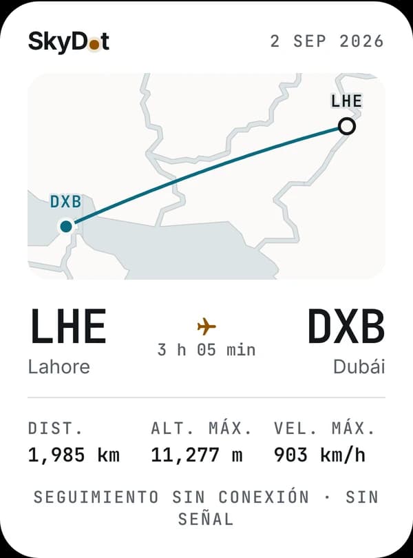Tarjeta de vuelo: LHE a DXB, seguimiento sin conexión, sin señal.