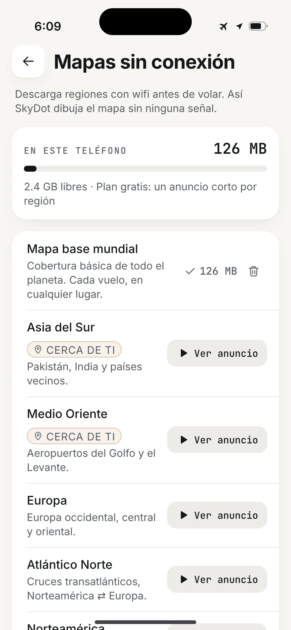 Mapas sin conexión de SkyDot: mapa base mundial en el celular y paquetes regionales de Asia del Sur, Medio Oriente, Europa y el Atlántico Norte.
