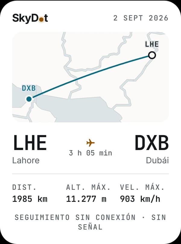 Tarjeta de vuelo: LHE a DXB, seguimiento sin conexión, sin señal.