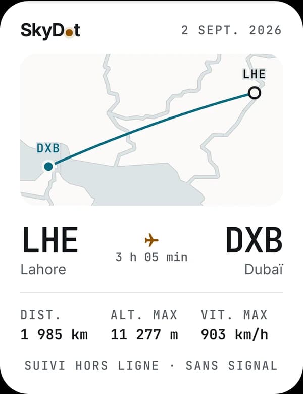 Carte de vol : LHE vers DXB, suivi hors ligne, sans signal.