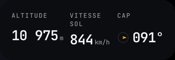 Carte des instruments : altitude 10 975 m, vitesse sol 844 km/h, cap 091°.