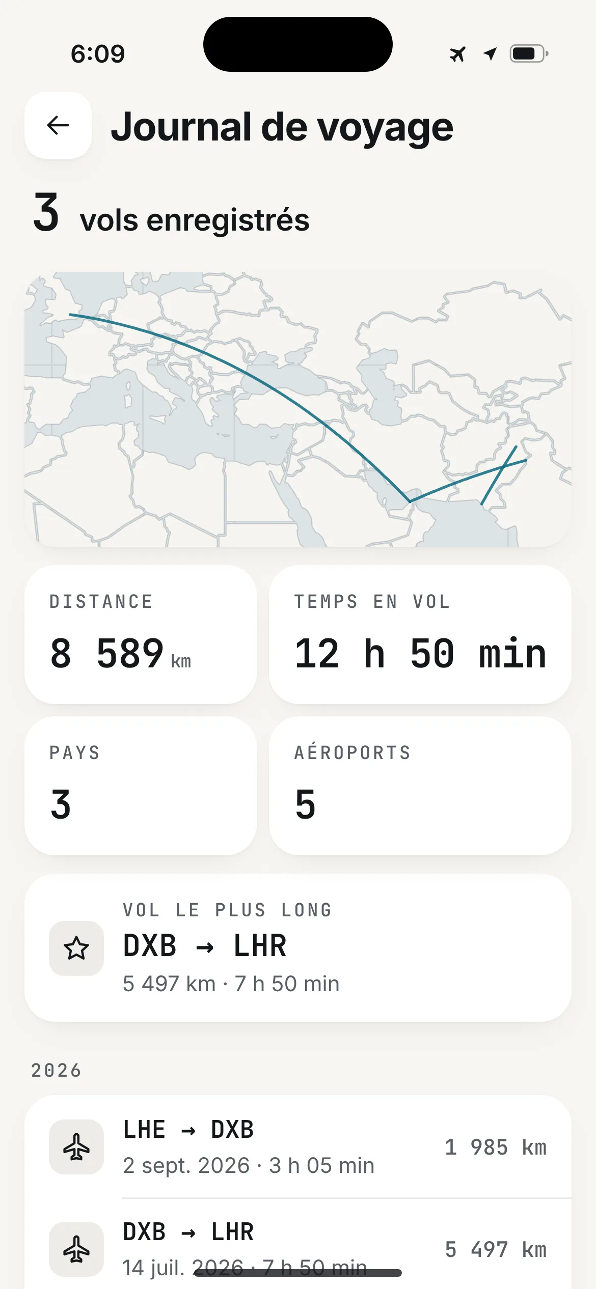 Journal de voyage de SkyDot : trois vols enregistrés, une carte des trajets, distance et temps en vol, pays et aéroports, et le vol le plus long.